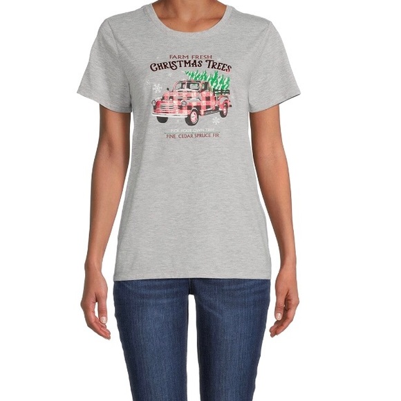 Women’s Holiday Farm Fresh red truck Christmas tree gray t shirt Size S ((4/6) - Picture 3 of 4
